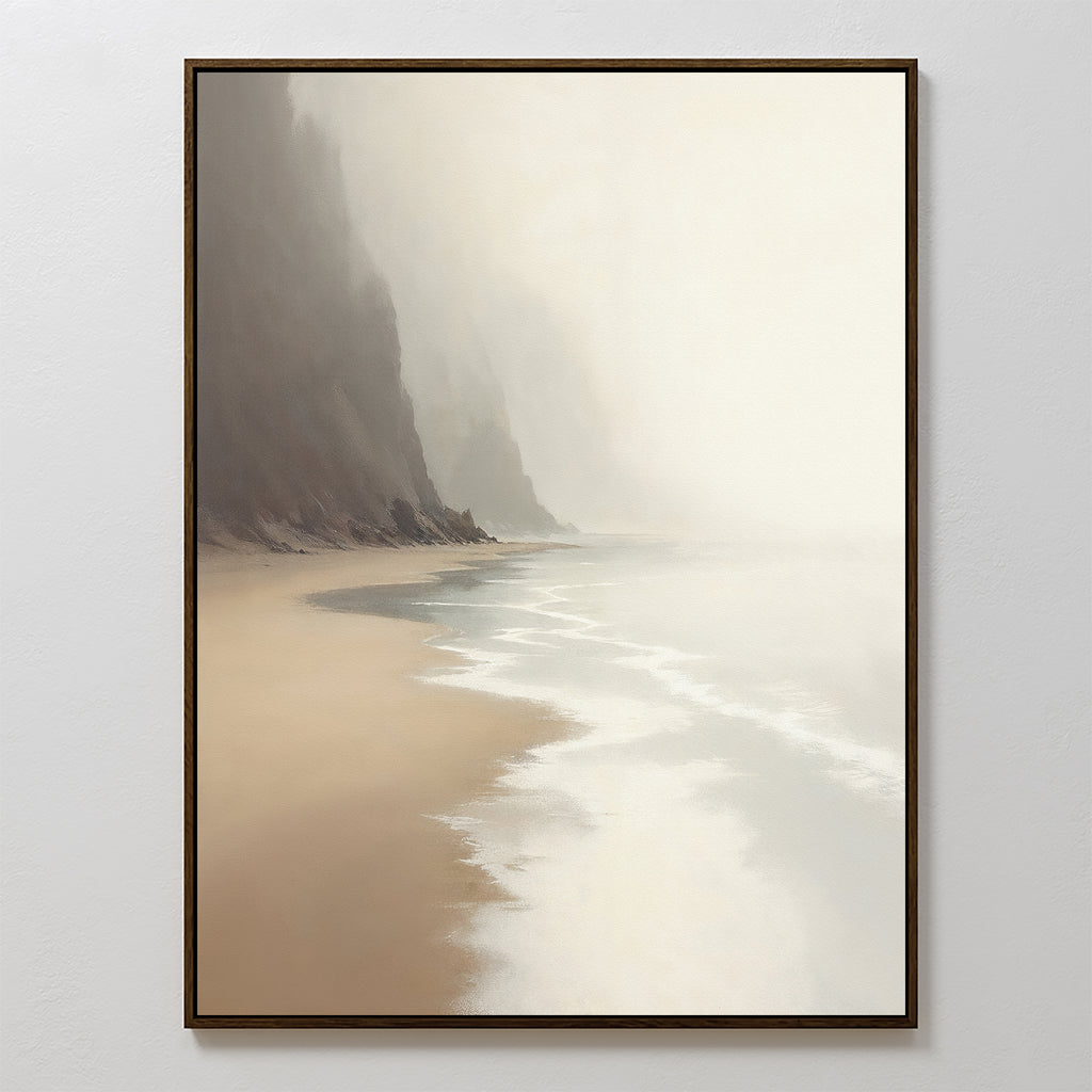 The Coastal Silence Canvas Art - Vertical features a misty beach with gentle waves, rocky cliffs in the fog, and soft, muted tones—ideal framed canvas for adding calm, coastal serenity to your space.