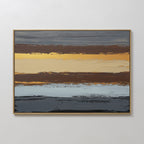 The Coastal Strata Canvas Art - Horizontal features abstract horizontal bands in gold, brown, blue, and gray with textured brushstrokes. Set in a thin gold frame and mounted on a white wall, it brings earthy sophistication to any setting.