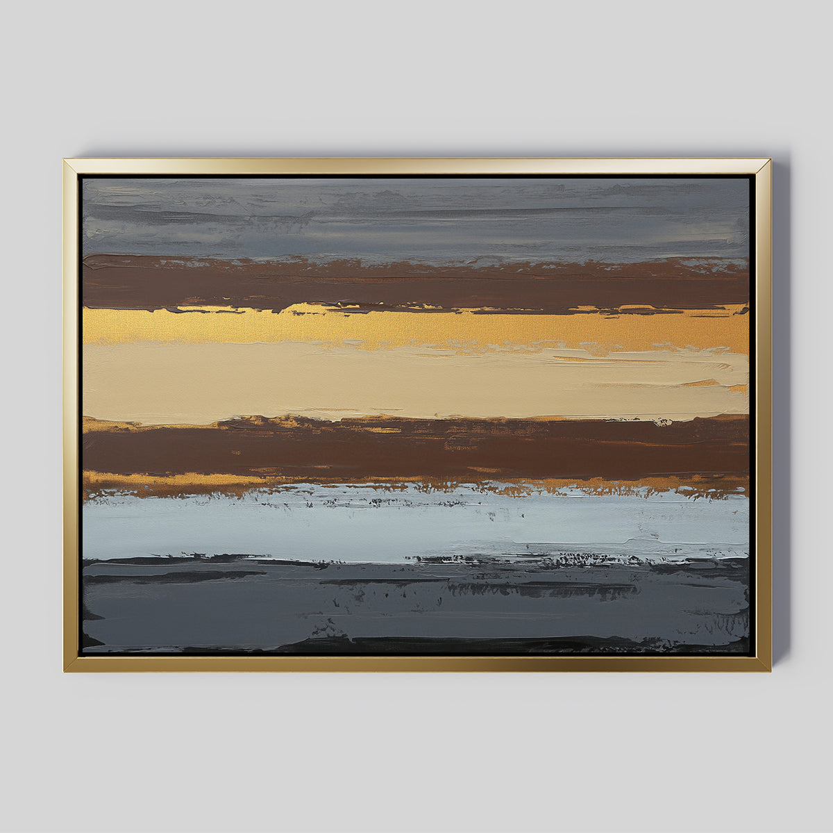 The Coastal Strata Canvas Art - Horizontal features abstract bands of gold, brown, gray, and blue with textured brushstrokes. Framed in thin gold and set against a light gray backdrop, it adds earthy Nordic elegance to any space.