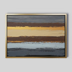 The Coastal Strata Canvas Art - Horizontal features abstract bands of gold, brown, gray, and blue with textured brushstrokes. Framed in thin gold and set against a light gray backdrop, it adds earthy Nordic elegance to any space.