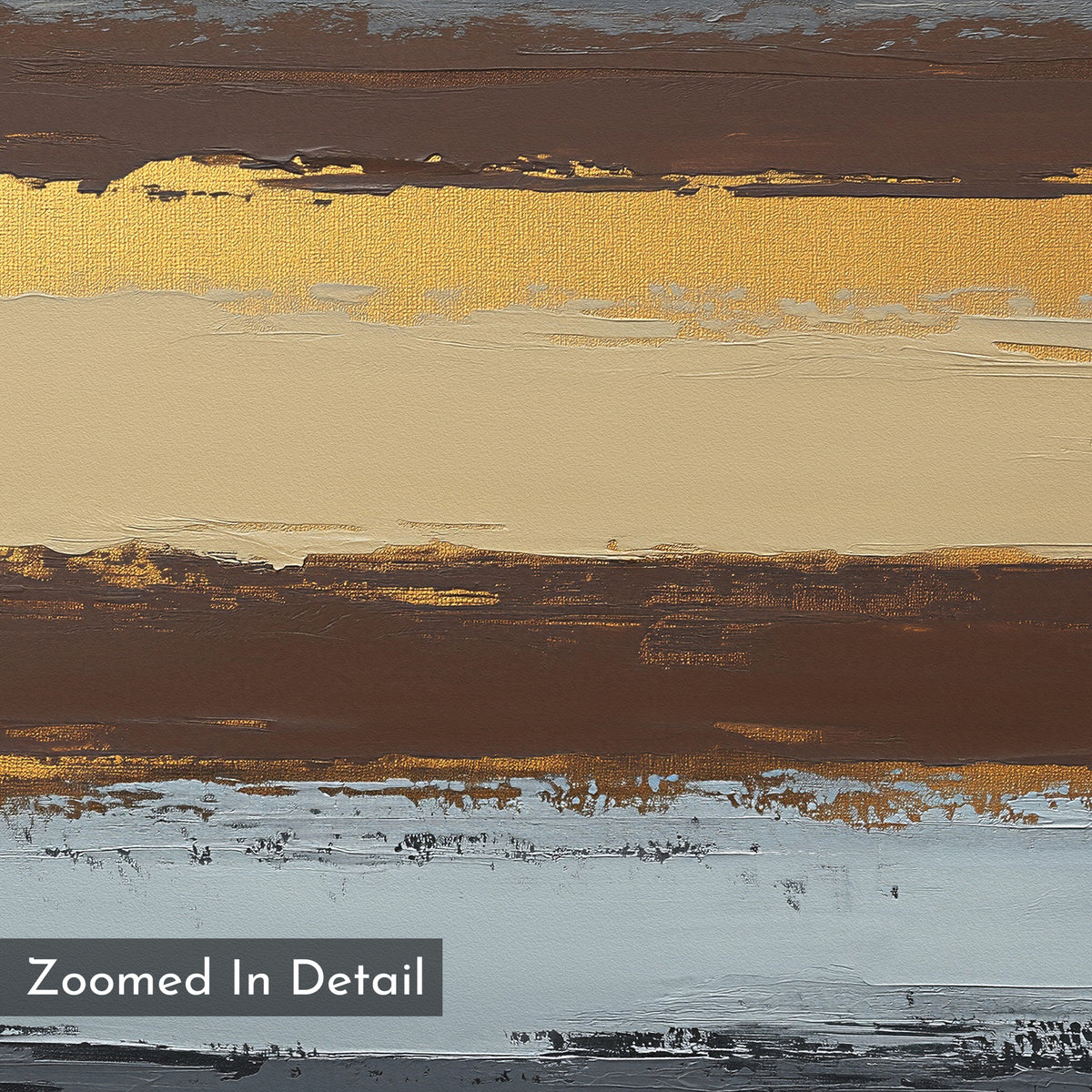 Close-up of the Coastal Strata Canvas Art - Horizontal, featuring textured paint layers in gold, beige, brown, gray, and black tones. This piece radiates earthy sophistication. Label at bottom left reads "Zoomed In Detail.