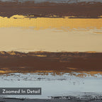 Close-up of the Coastal Strata Canvas Art - Horizontal, featuring textured paint layers in gold, beige, brown, gray, and black tones. This piece radiates earthy sophistication. Label at bottom left reads "Zoomed In Detail.