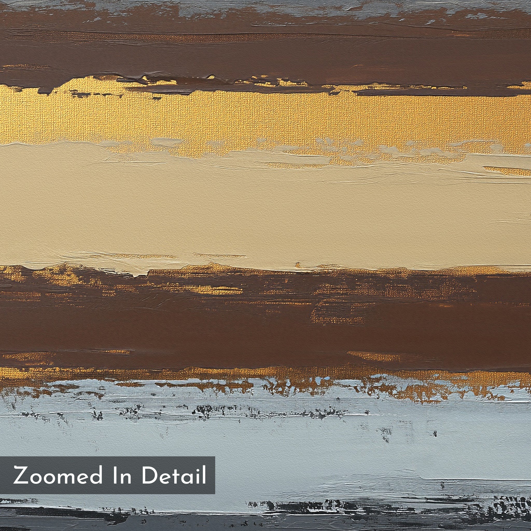 Close-up of the Coastal Strata Canvas Art - Horizontal, featuring textured paint layers in gold, beige, brown, gray, and black tones. This piece radiates earthy sophistication. Label at bottom left reads "Zoomed In Detail.