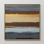 Coastal Strata Canvas Art - Square features abstract horizontal bands in gold, brown, beige, gray, and black for a layered look. This framed piece adds earthy sophistication and modern style to any white-walled space.