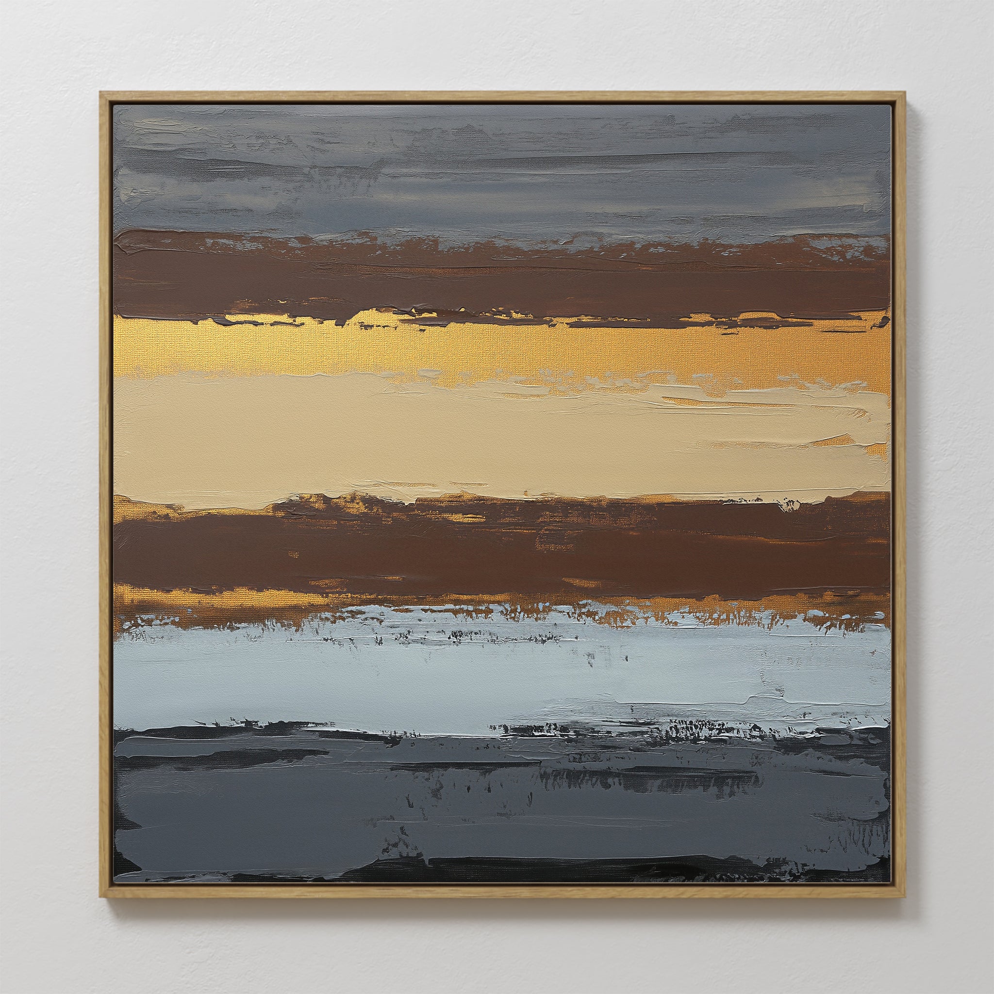 Coastal Strata Canvas Art - Square features abstract horizontal bands in gold, brown, beige, gray, and black for a layered look. This framed piece adds earthy sophistication and modern style to any white-walled space.