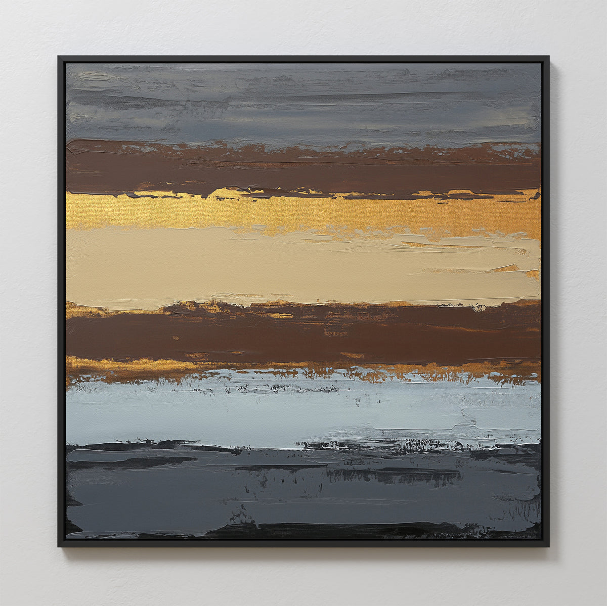 The Coastal Strata Canvas Art - Square features horizontal bands of gray, gold, brown, and beige with textured brushstrokes. This contemporary piece exudes earthy sophistication and comes framed in black for a modern look.