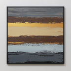 The Coastal Strata Canvas Art - Square features horizontal bands of gray, gold, brown, and beige with textured brushstrokes. This contemporary piece exudes earthy sophistication and comes framed in black for a modern look.