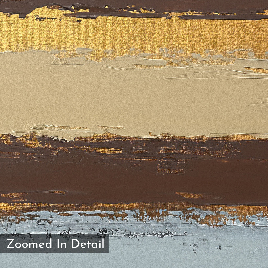 Close-up of the Coastal Strata Canvas Art - Square shows textured horizontal bands in gold, beige, brown, and white. Thick brushstrokes bring earthy sophistication to this contemporary piece. Text at bottom left: Zoomed In Detail.