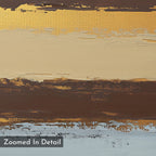 Close-up of the Coastal Strata Canvas Art - Square shows textured horizontal bands in gold, beige, brown, and white. Thick brushstrokes bring earthy sophistication to this contemporary piece. Text at bottom left: Zoomed In Detail.