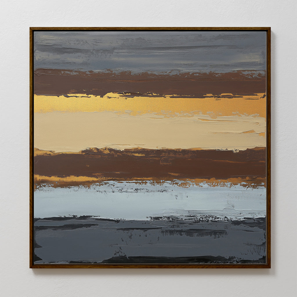 Coastal Strata Canvas Art - Square: Abstract painting in a wood frame featuring horizontal bands of gray, brown, golden yellow, cream, and light blue. Textured brushwork adds depth and movement for an earthy, sophisticated look.