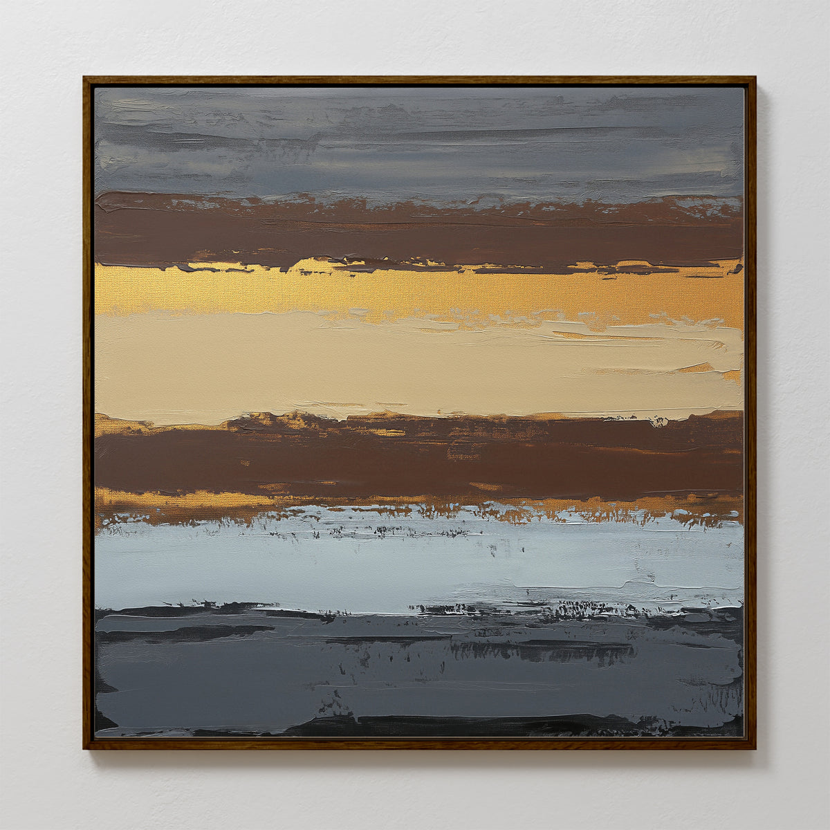Coastal Strata Canvas Art - Square: Abstract painting in a wood frame featuring horizontal bands of gray, brown, golden yellow, cream, and light blue. Textured brushwork adds depth and movement for an earthy, sophisticated look.