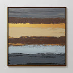 Coastal Strata Canvas Art - Square: Abstract painting in a wood frame featuring horizontal bands of gray, brown, golden yellow, cream, and light blue. Textured brushwork adds depth and movement for an earthy, sophisticated look.