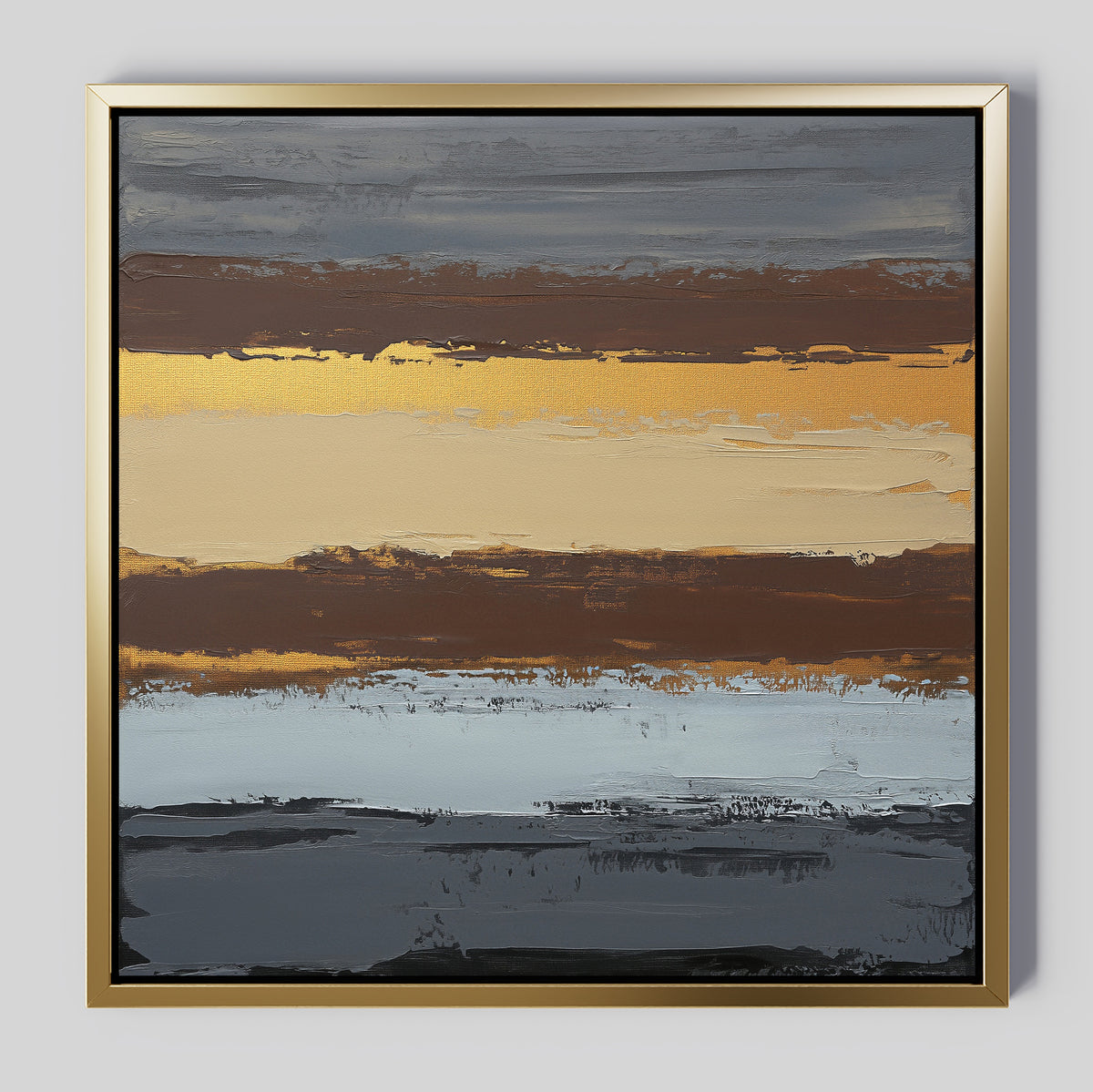 The Coastal Strata Canvas Art - Square features horizontal bands of gold, brown, gray, and black with textured brushstrokes and a metallic sheen, framed in simple gold for an earthy yet contemporary look.