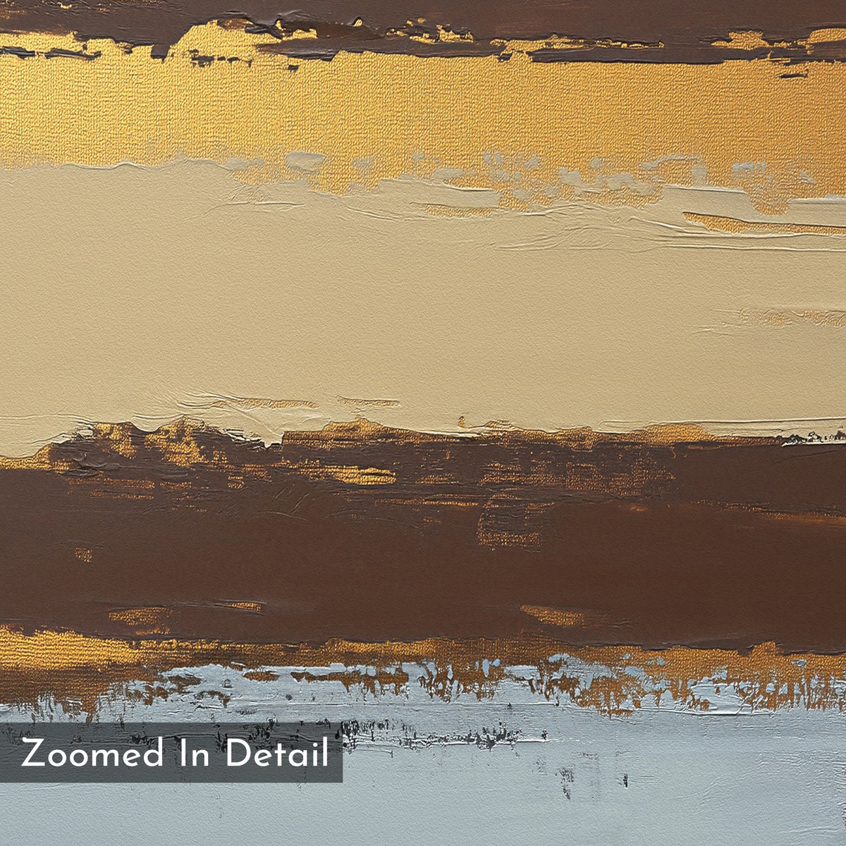 Coastal Strata Canvas Art - Vertical features thick, textured brushstrokes forming layered bands of gold, beige, brown, and gray. “Zoomed In Detail” is shown in white at the bottom left for an earthy, sophisticated look.