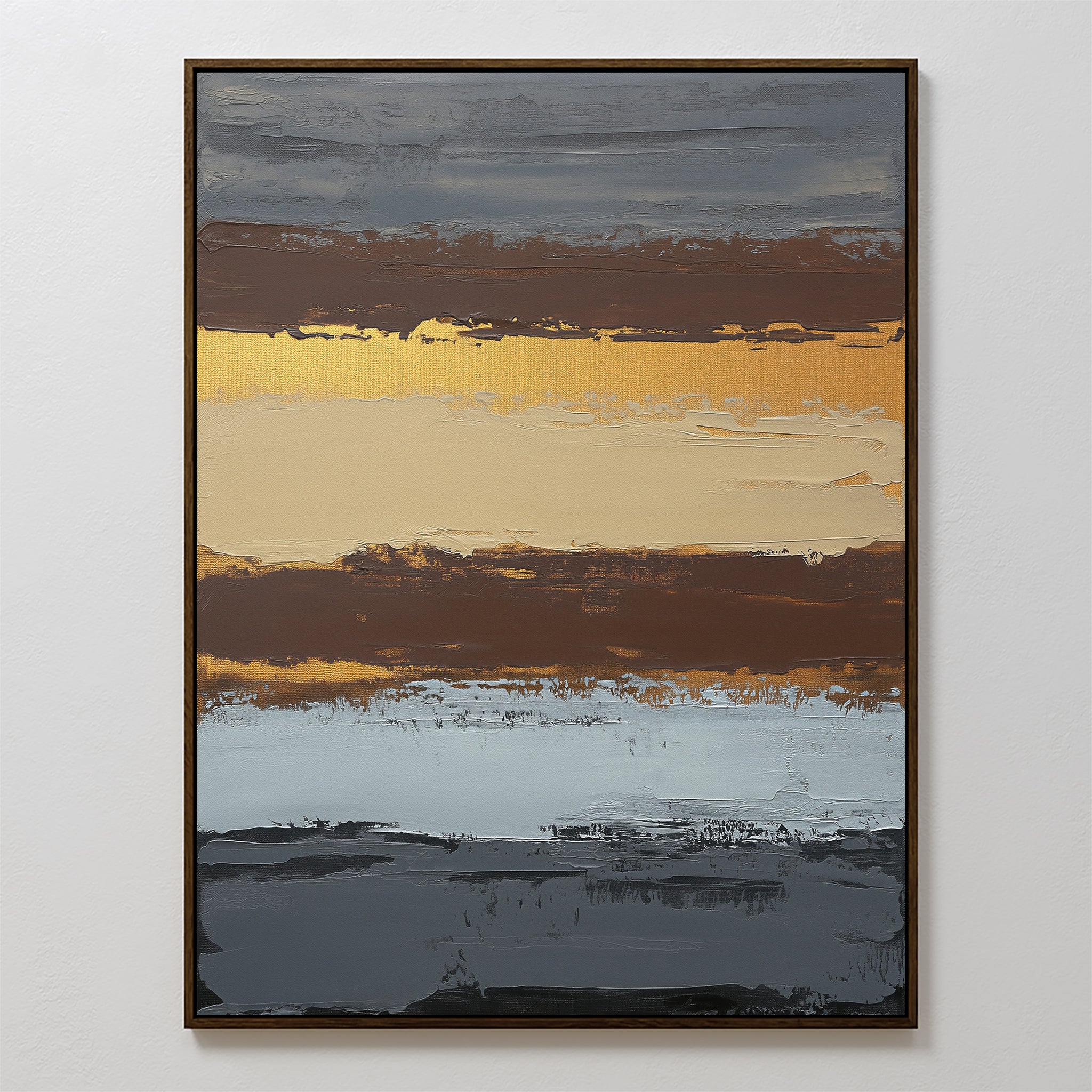 The Coastal Strata Canvas Art - Vertical features textured layers of gold, brown, beige, and gray in an abstract design. This framed contemporary print brings earthy sophistication to any space and looks stunning displayed on a white wall.