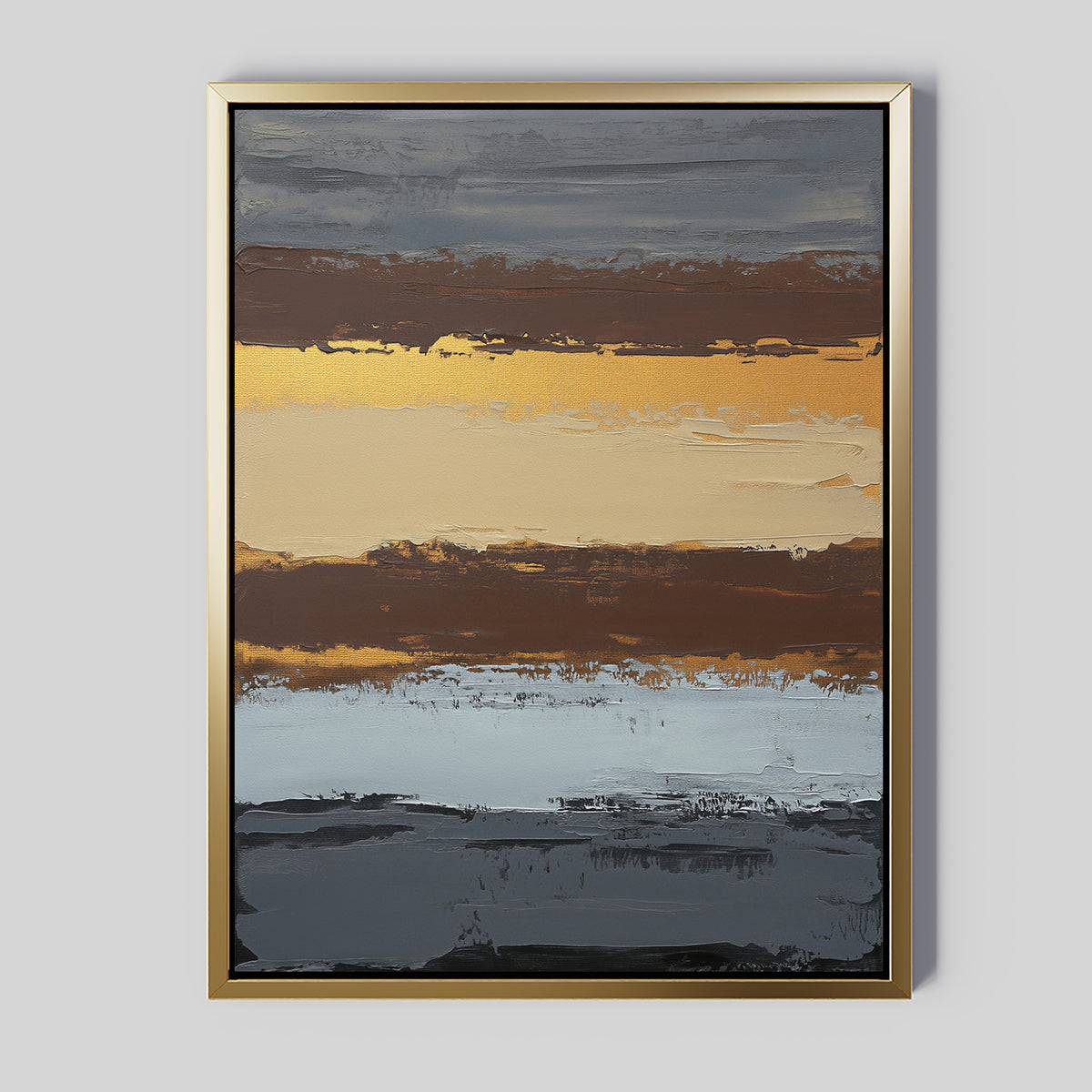 The Coastal Strata Canvas Art - Vertical features textured brushstrokes and vertical layers of dark gray, light blue, brown, and gold in a gold frame, creating a contemporary, earthy look against a light gray background.