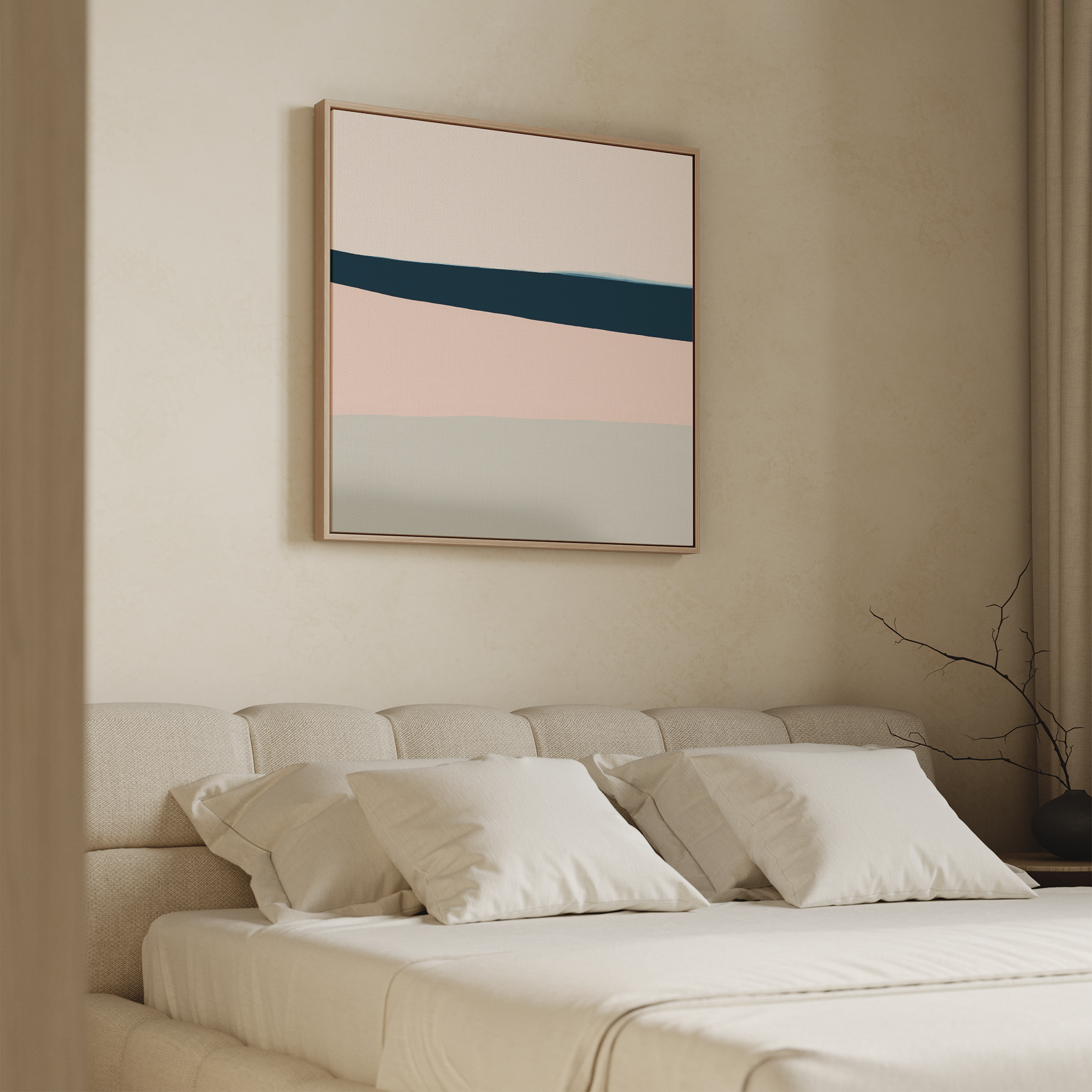 A minimalistic bedroom features a beige upholstered bed with white bedding and four pillows. Above the bed hangs the Coastal Blend Abstract Canvas Art by My Store. A bare branch in a vase decorates the bedside table.