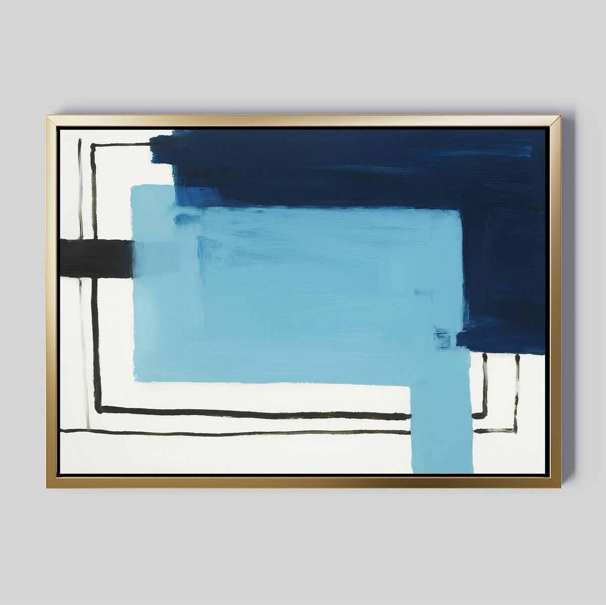 The Cobalt Intersection Canvas Art - Horizontal features abstract geometric design with overlapping dark and light blue rectangles, black lines, and a gold frame. This minimalist piece is ideal for modern home décor.