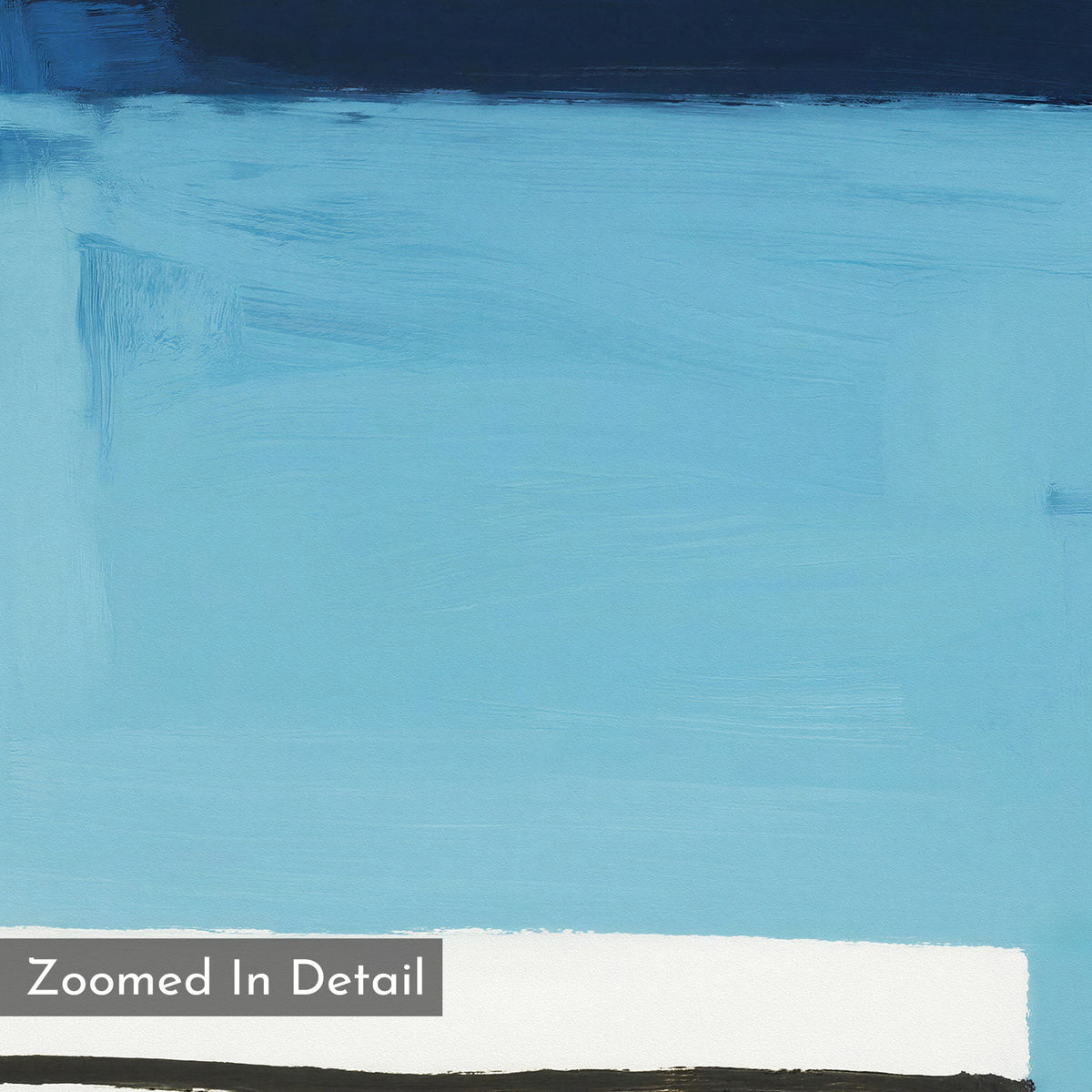 A close-up of Cobalt Intersection Canvas Art - Horizontal shows broad blue brushstrokes fading from light to dark with thin white and black lines at the base—striking geometric wall art for modern decor. "Zoomed In Detail" is displayed in a grey box.