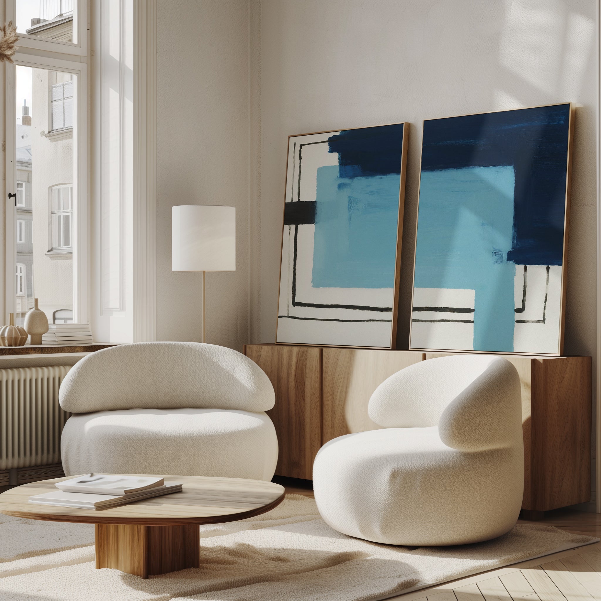 A modern living room with two white rounded armchairs, a wooden coffee table with books, a floor lamp, and the Cobalt Intersection - Set Of 2 geometric wall art in blue and black leaning against the sideboard, sunlight streaming through large windows.