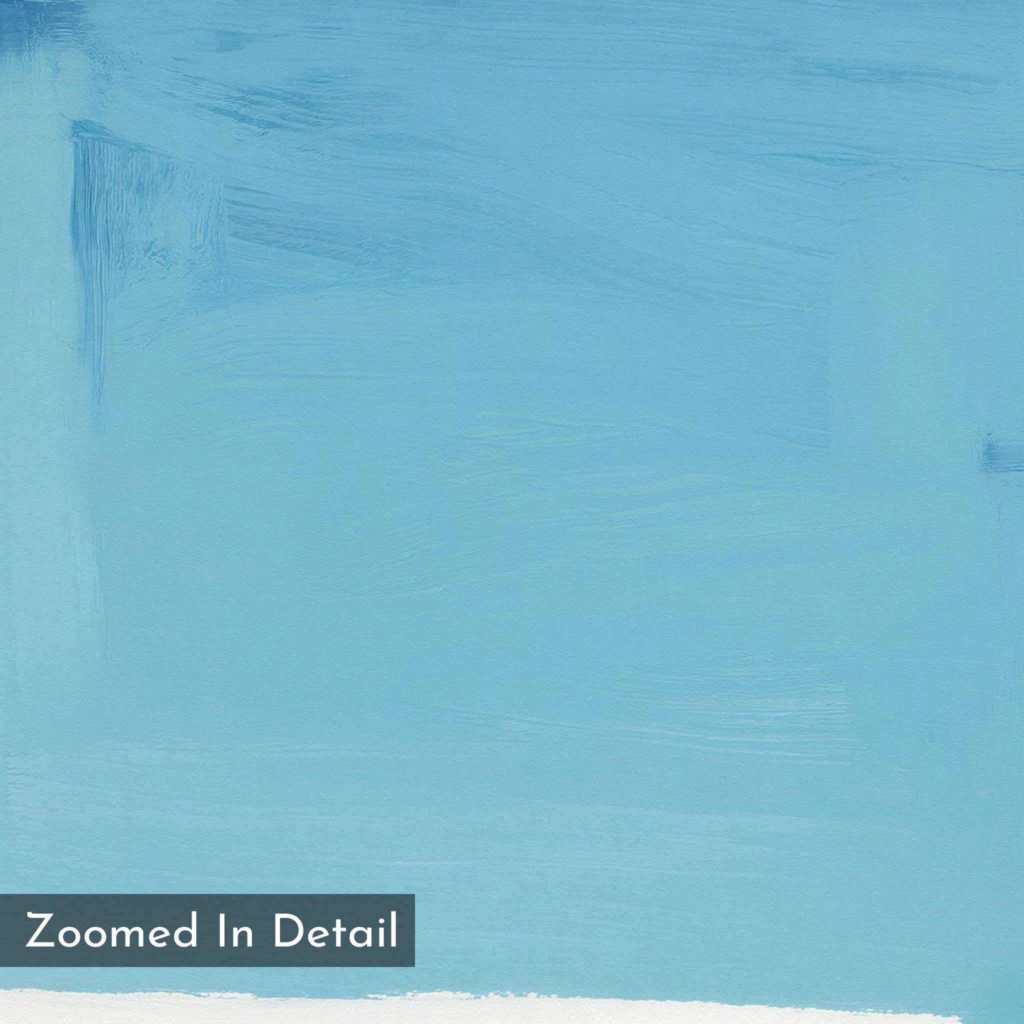 A close-up of the Cobalt Intersection Canvas Art - Square reveals visible brush strokes and a subtle painted blue texture, with "Zoomed In Detail" text in a gray box at the bottom left, evoking contemporary abstract style.