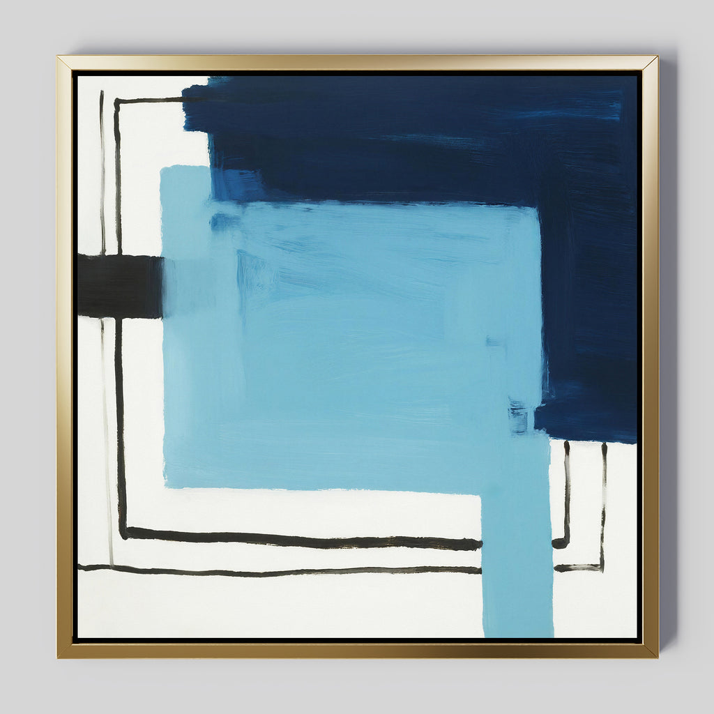 Cobalt Intersection Canvas Art - Square features overlapping blue rectangles and bold black lines on white, framed in gold. This contemporary piece offers a layered geometric design, perfect as striking modern wall art.