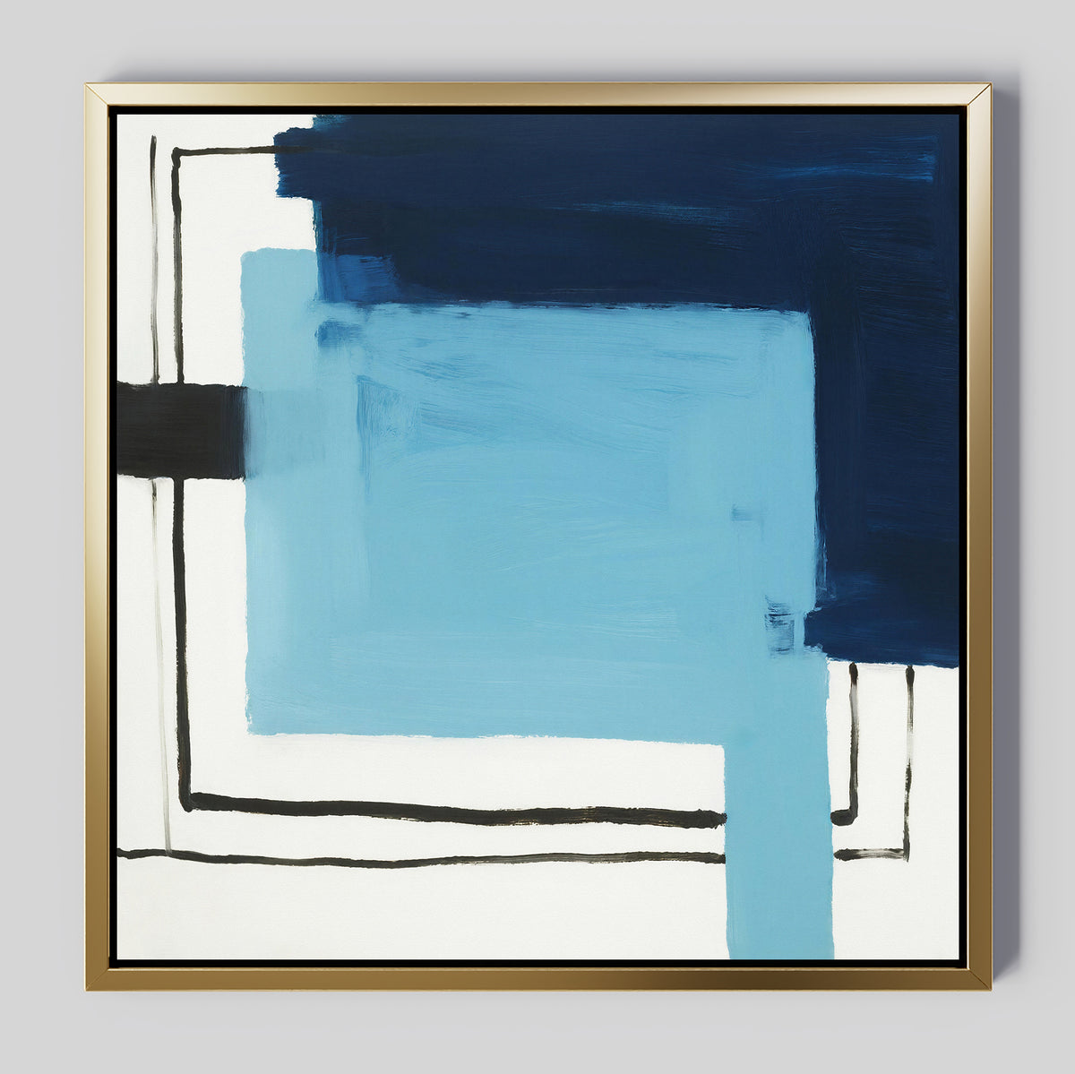 Cobalt Intersection Canvas Art - Square features overlapping blue rectangles and bold black lines on white, framed in gold. This contemporary piece offers a layered geometric design, perfect as striking modern wall art.