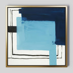 Cobalt Intersection Canvas Art - Square features overlapping blue rectangles and bold black lines on white, framed in gold. This contemporary piece offers a layered geometric design, perfect as striking modern wall art.
