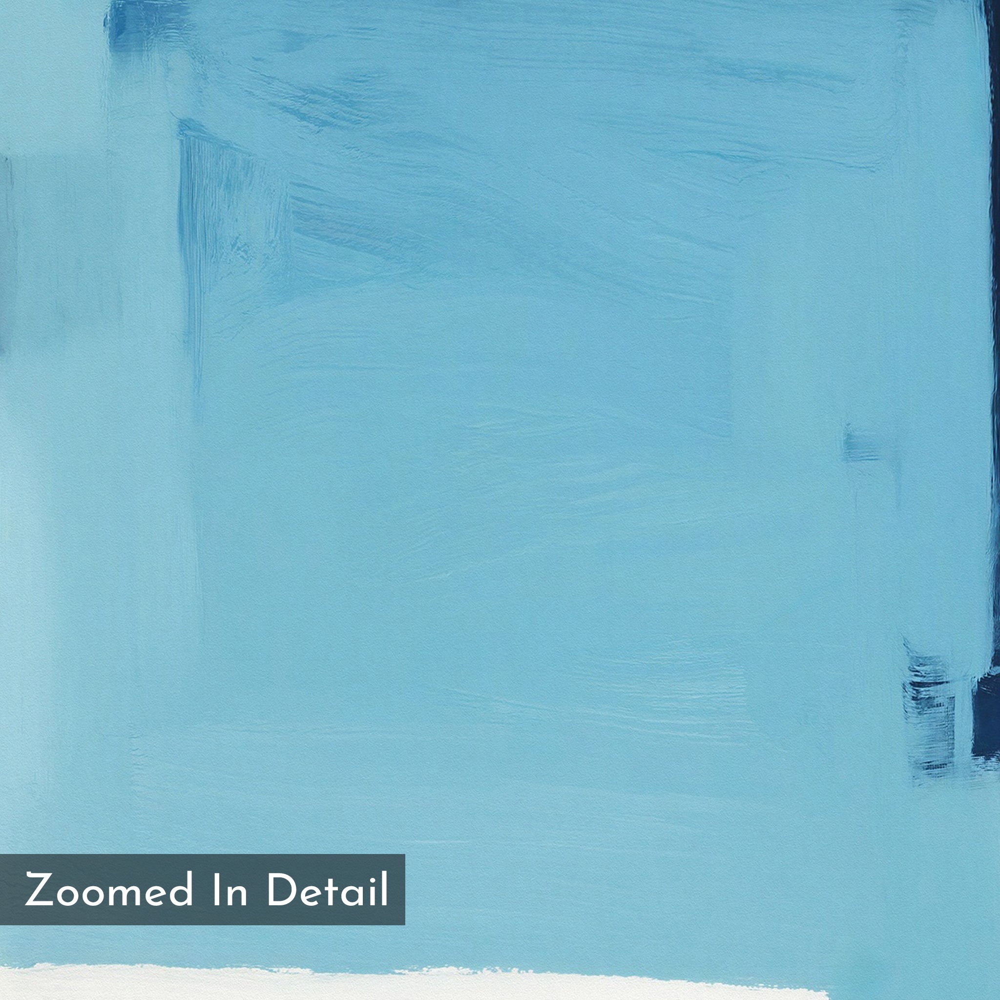 Abstract close-up of Cobalt Intersection Canvas Art - Vertical, featuring blue hues with bold brush strokes and texture. A dark blue patch appears on the right edge. Ideal as modern decor. “Zoomed In Detail” text is in the lower left corner.