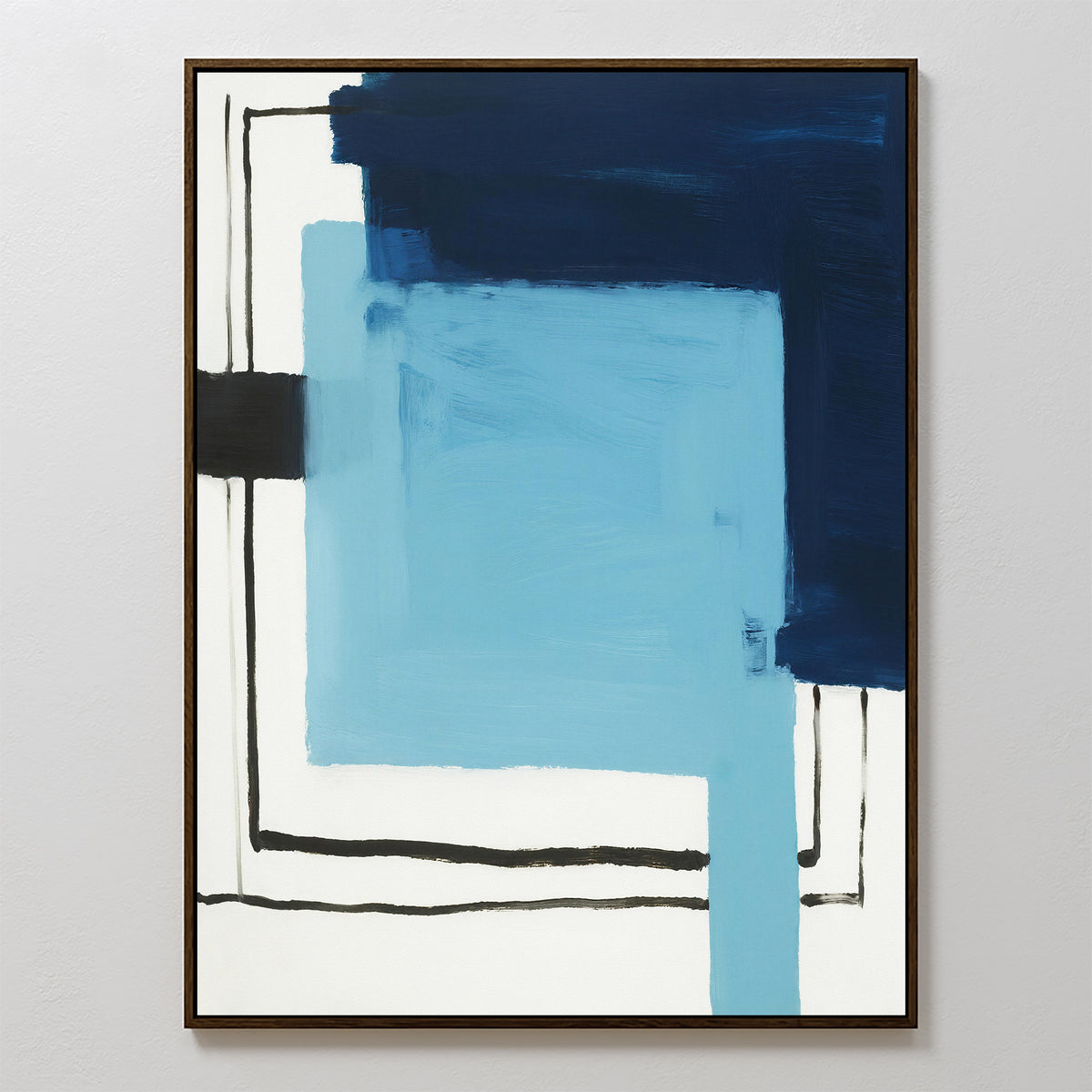 Cobalt Intersection Canvas Art – Vertical features overlapping rectangles in navy, light blue, and black with irregular black lines on a white background, framed in a thin dark frame to bring modern, geometric style to any space.