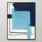 Cobalt Intersection Canvas Art – Vertical features overlapping rectangles in navy, light blue, and black with irregular black lines on a white background, framed in a thin dark frame to bring modern, geometric style to any space.