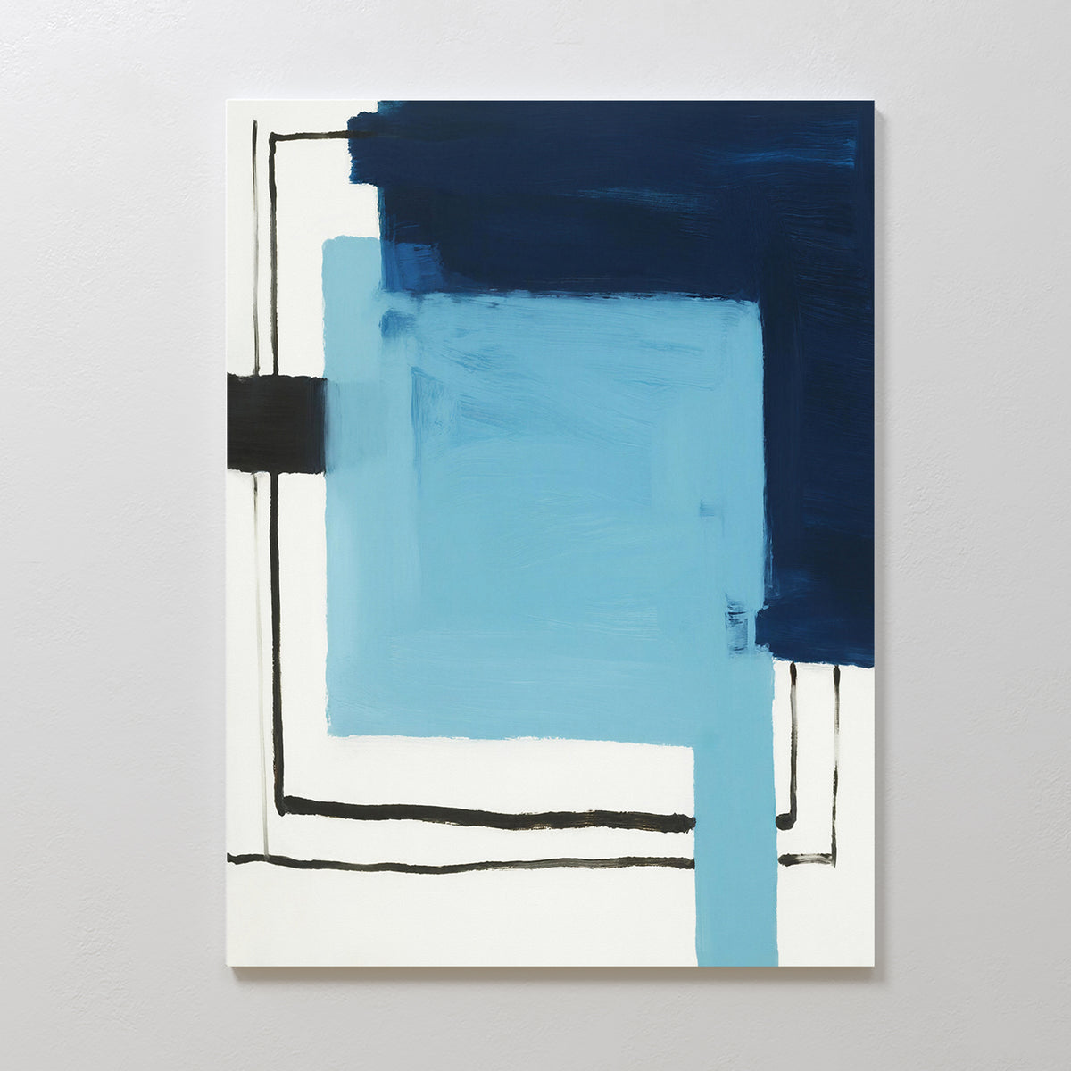 Cobalt Intersection Canvas Art - Vertical showcases overlapping geometric shapes in dark blue, light blue, and black on white. This bold contemporary print is ideal as geometric wall art for stylish modern home decor.