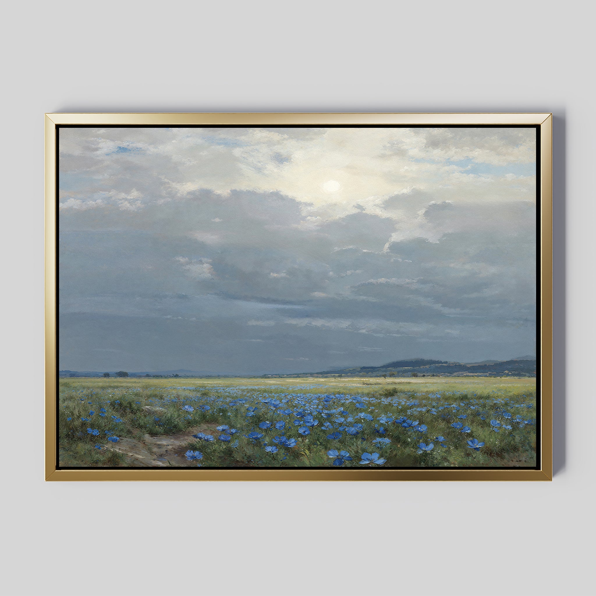 The Cornflower Fields Canvas Art - Horizontal showcases a field of blue wildflowers beneath a cloudy sky with sunlight streaming in, ideal for countryside home decor.