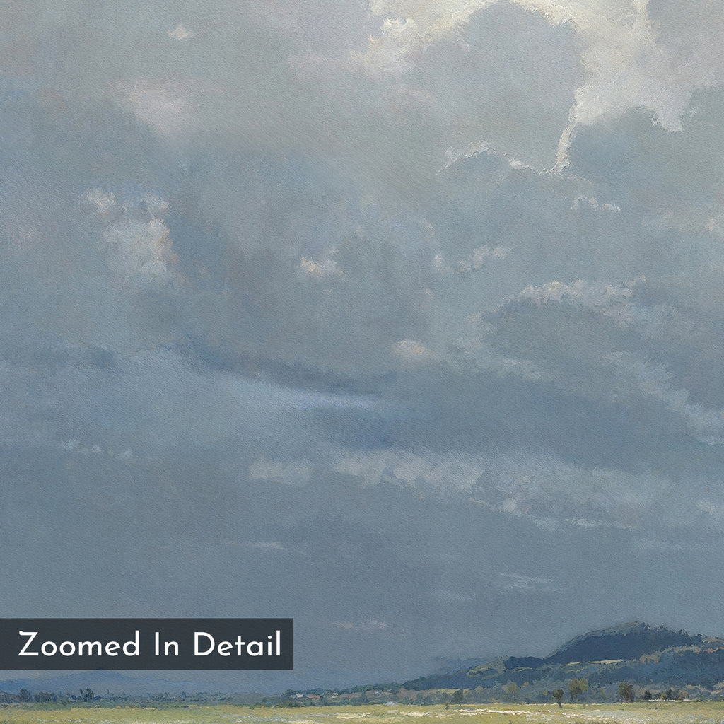 The Cornflower Fields Canvas Art - Vertical features a vast, cloudy sky in soft blue and gray hues above a distant pastoral landscape, with “Zoomed In Detail” text in the foreground.
