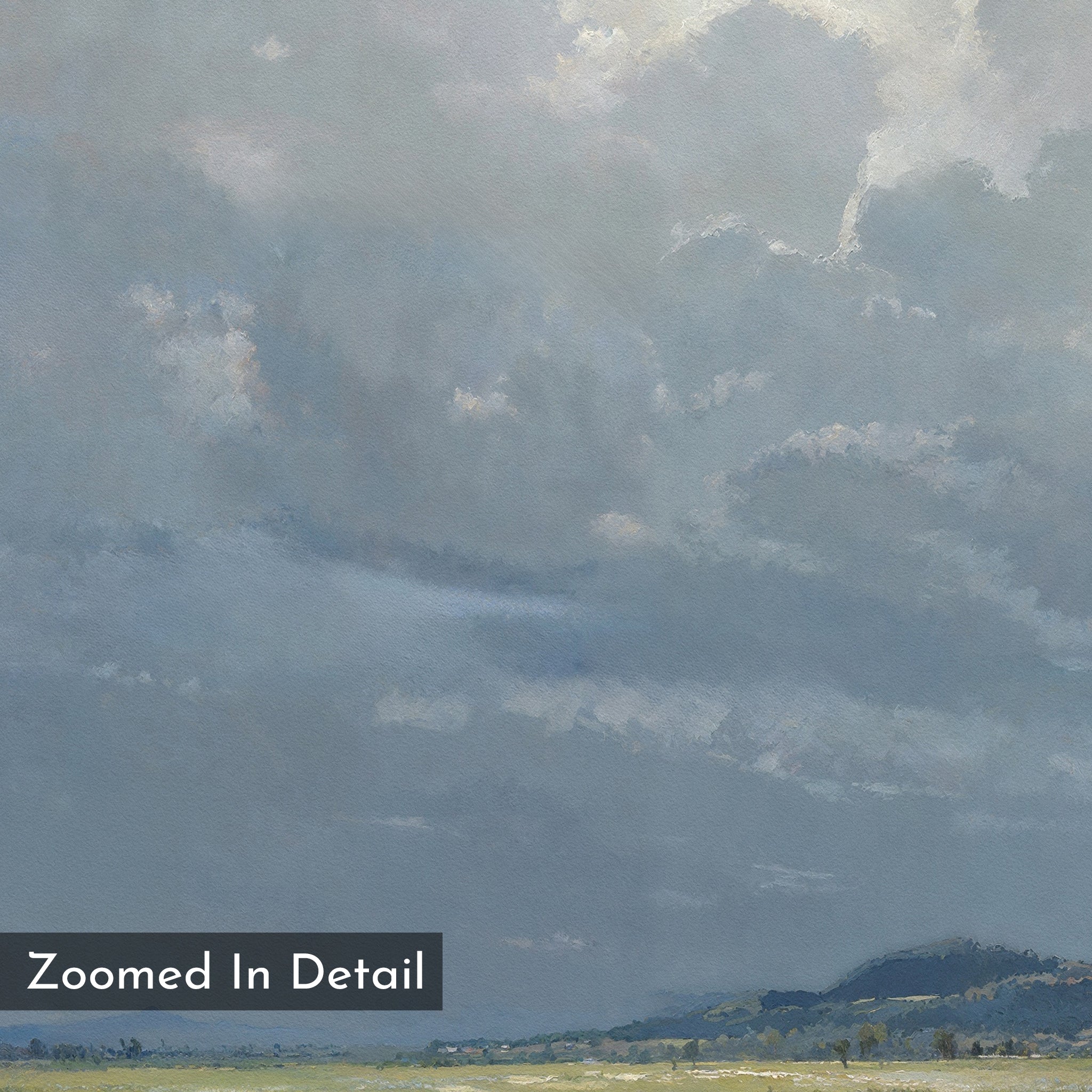 The Cornflower Fields Canvas Art - Vertical features a vast, cloudy sky in soft blue and gray hues above a distant pastoral landscape, with “Zoomed In Detail” text in the foreground.
