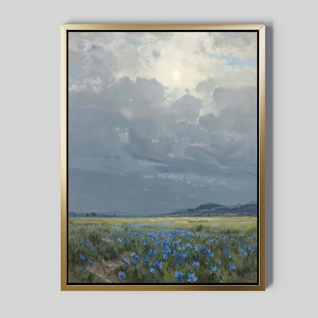 Cornflower Fields Canvas Art - Vertical features a serene pastoral landscape with a cloudy sky, sunlit cornflower fields, distant hills on the horizon, and gentle sunlight filtering through the clouds.