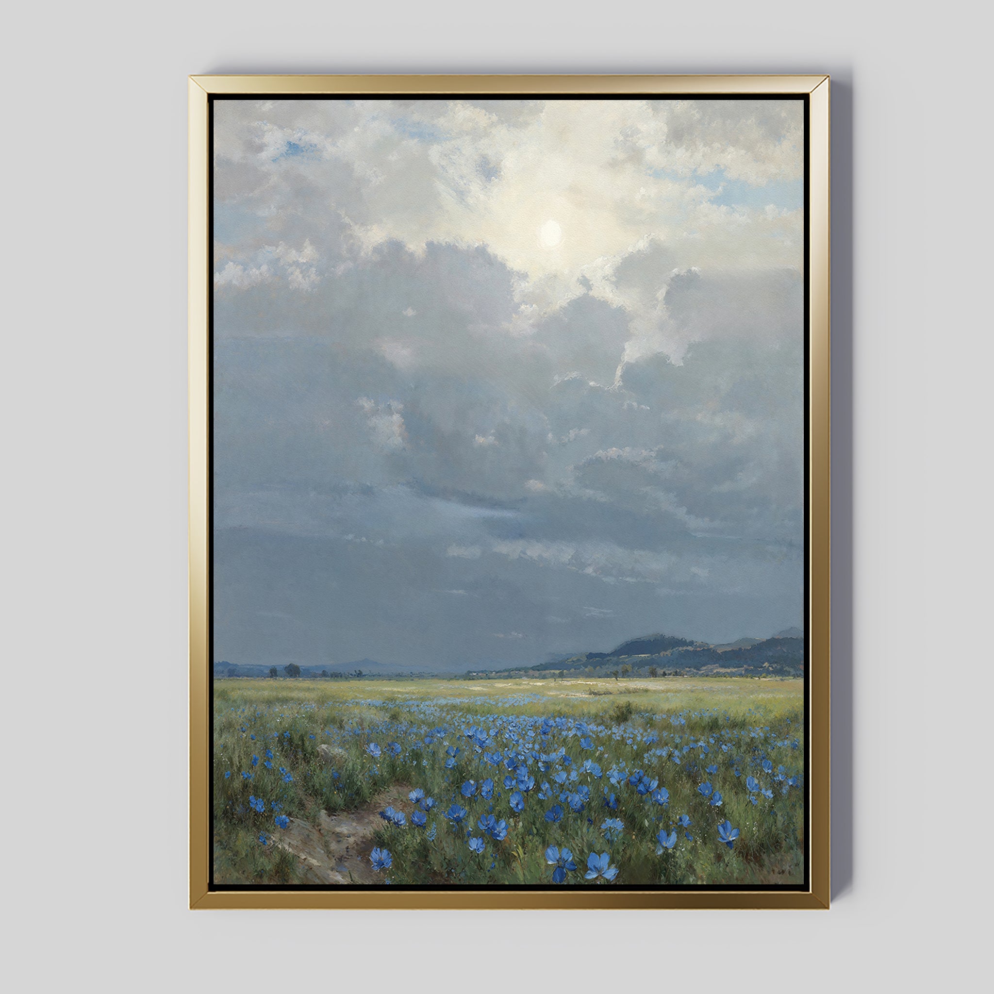 Cornflower Fields Canvas Art - Vertical features a serene pastoral landscape with a cloudy sky, sunlit cornflower fields, distant hills on the horizon, and gentle sunlight filtering through the clouds.