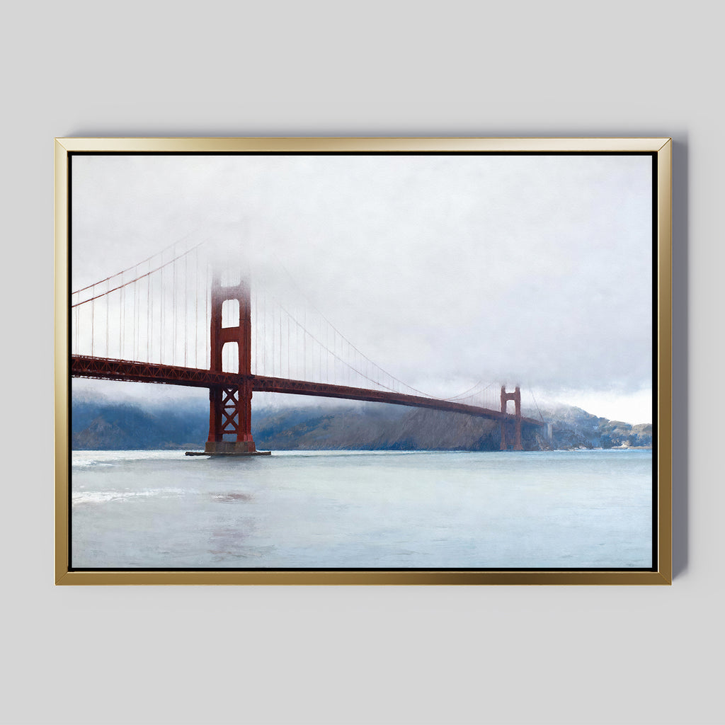 The Crimson Passage Canvas Art - Horizontal depicts the Golden Gate Bridge in misty fog and mountains, bringing subtle coastal elegance to a light gray wall.