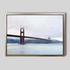The Crimson Passage Canvas Art - Horizontal depicts the Golden Gate Bridge in misty fog and mountains, bringing subtle coastal elegance to a light gray wall.