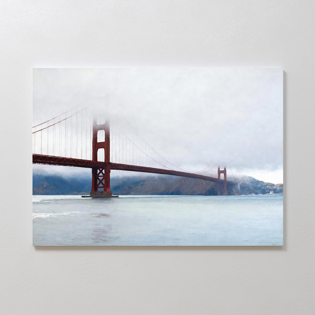 The Crimson Passage Canvas Art - Horizontal showcases the Golden Gate Bridge in San Francisco, veiled by fog with serene waters and rolling hills—bringing coastal elegance and dramatic beauty to any space.