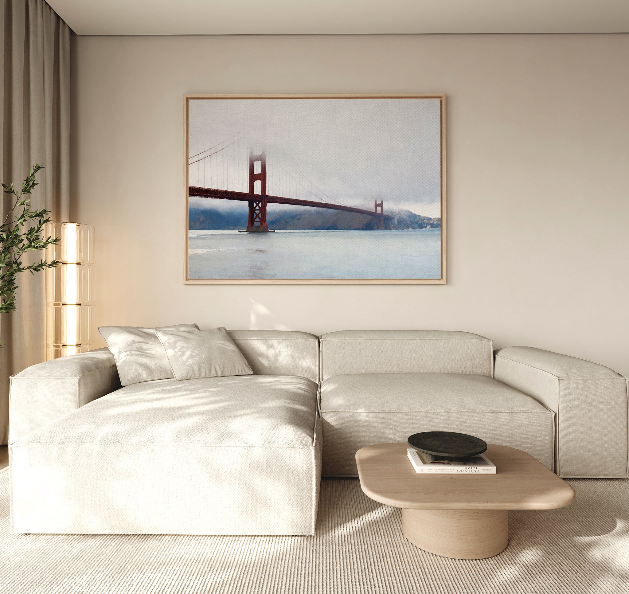 A modern living room with coastal elegance showcases a light beige sectional, a round wooden coffee table, and the Crimson Passage Canvas Art - Horizontal on a neutral wall. A tall lamp and plant in the corner complete the look.