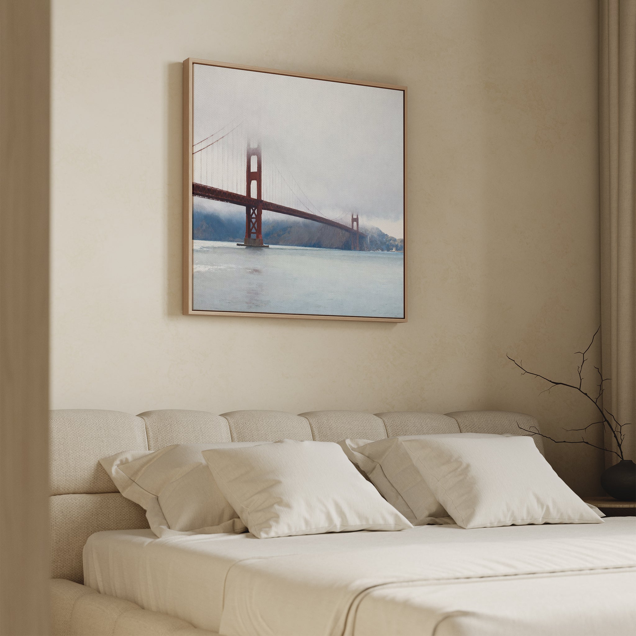 A minimalist bedroom in light beige, featuring a bed with white bedding and pillows, is accented by the Crimson Passage Canvas Art - Square hanging above the bed, adding a touch of coastal elegance.
