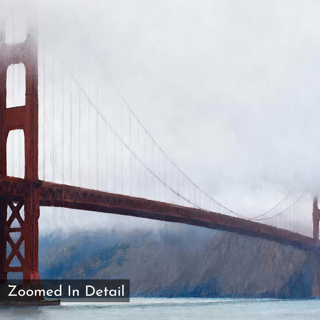 The Crimson Passage Canvas Art - Square captures the Golden Gate Bridge enveloped in mist, bringing pure coastal elegance to your space.