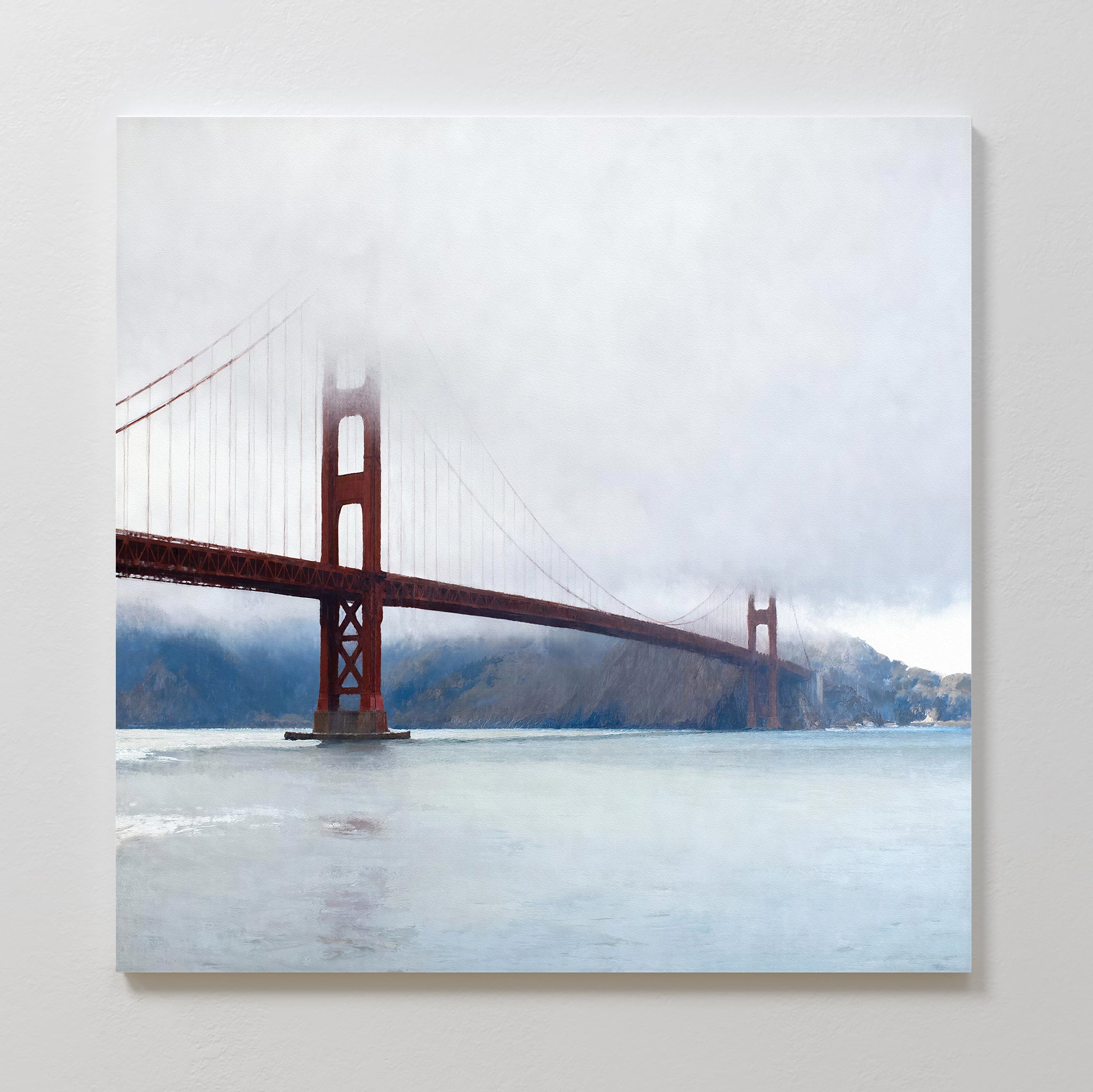 Crimson Passage Canvas Art - Square features the Golden Gate Bridge's red span over tranquil waters, fading into mist with distant hills, capturing coastal elegance on canvas.