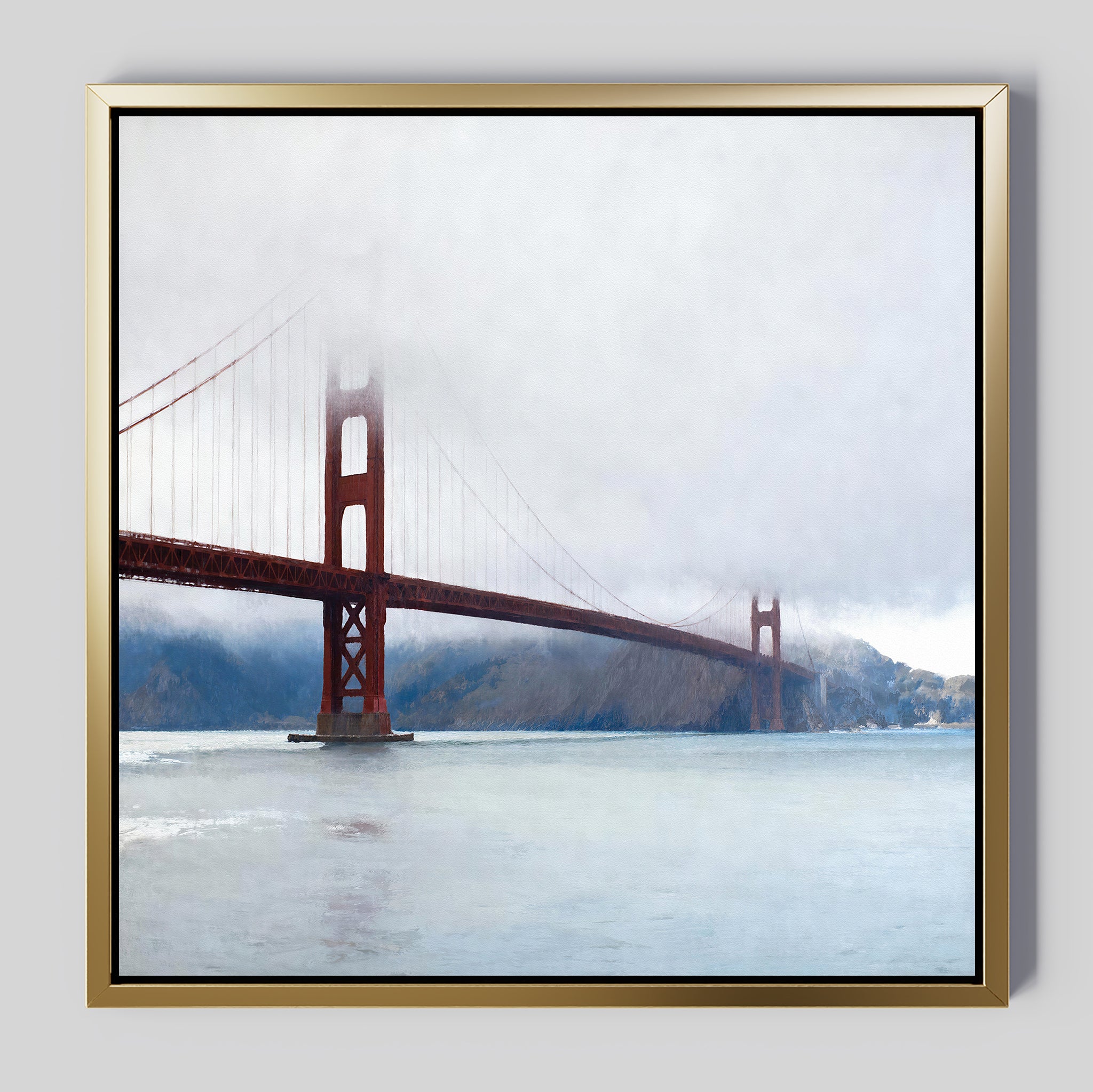 Add coastal elegance to any space with Crimson Passage Canvas Art - Square, showcasing the Golden Gate Bridge shrouded in fog above tranquil waters and distant hills.