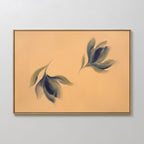 The Dancing Leaves Canvas Art - Horizontal showcases two abstract leaves in green and dark blue on a peach background, creating serene botanical wall decor perfect for any light gray wall.