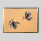 The Dancing Leaves Canvas Art - Horizontal features two abstract dark green leaves on a peach background with a gold frame and black inner border, making it perfect botanical wall art for a Nordic Park-inspired space.