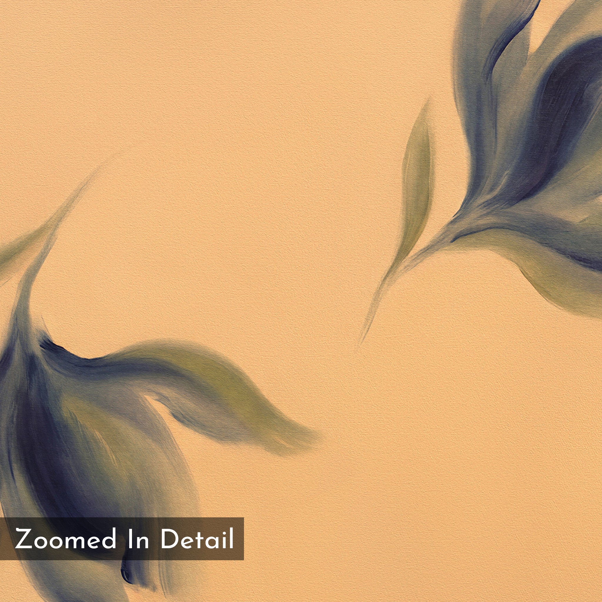 Dancing Leaves Canvas Art - Horizontal features soft blue and green brushstrokes, evoking leaves or petals on a beige background. Ideal as botanical wall art or a Nordic Park-inspired canvas print. "Zoomed In Detail" is shown at the lower left.
