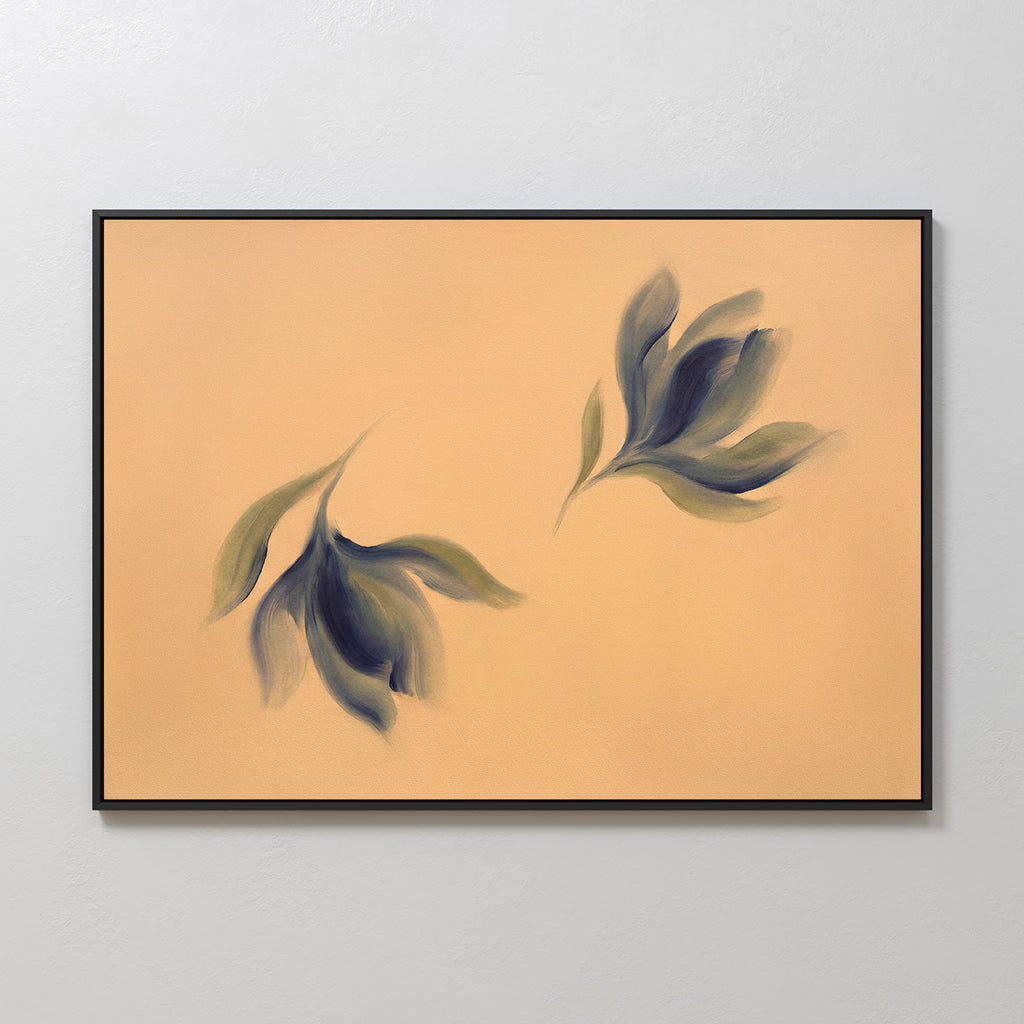Dancing Leaves Canvas Art - Horizontal features two abstract dark green and blue leaves on a soft beige background with a black frame. This botanical wall art adds Nordic Park style to any light-colored space.