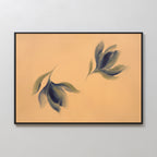 Dancing Leaves Canvas Art - Horizontal features two abstract dark green and blue leaves on a soft beige background with a black frame. This botanical wall art adds Nordic Park style to any light-colored space.